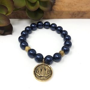 UtterlyAccessorized Jewelry - Navy Blue Swarovski Pearl Lotus Charm Bracelet UtterlyAccessorized Jewelry - Navy Blue Swarovski Pearl Lotus Charm Bracelet